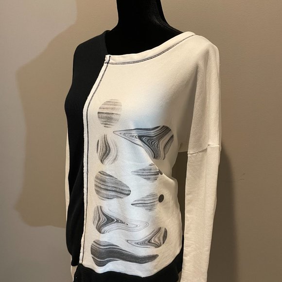 OZAI N KU Mixed Material Black & White Print Pattern Shirt sz M NWOT Super Nice - Picture 4 of 7